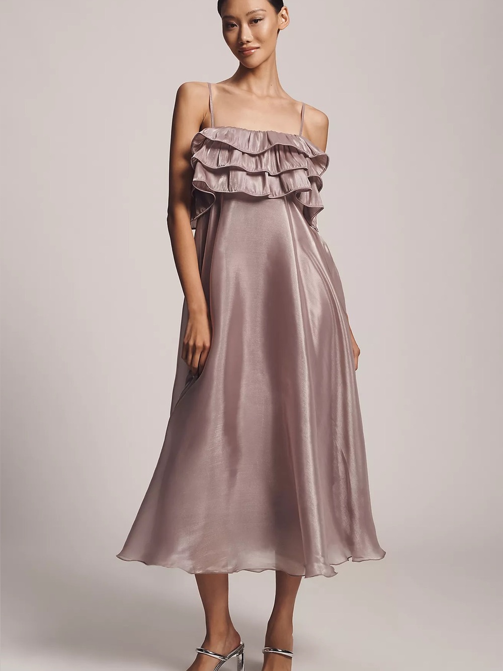 Ruffle-Front Satin Midi Dress in Blush Pink (Mauve)